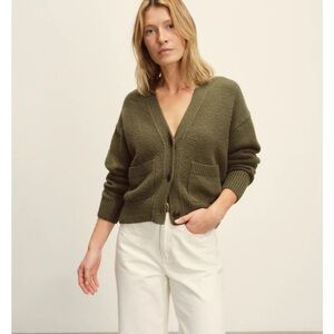 Buck Mason Olive Green V‑Neck Button Cardigan